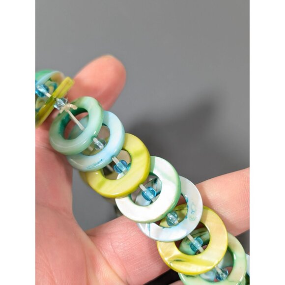 Blue Green Shell Stretch Bracelet Beachy Boho Coastal 7 in - Picture 5 of 7